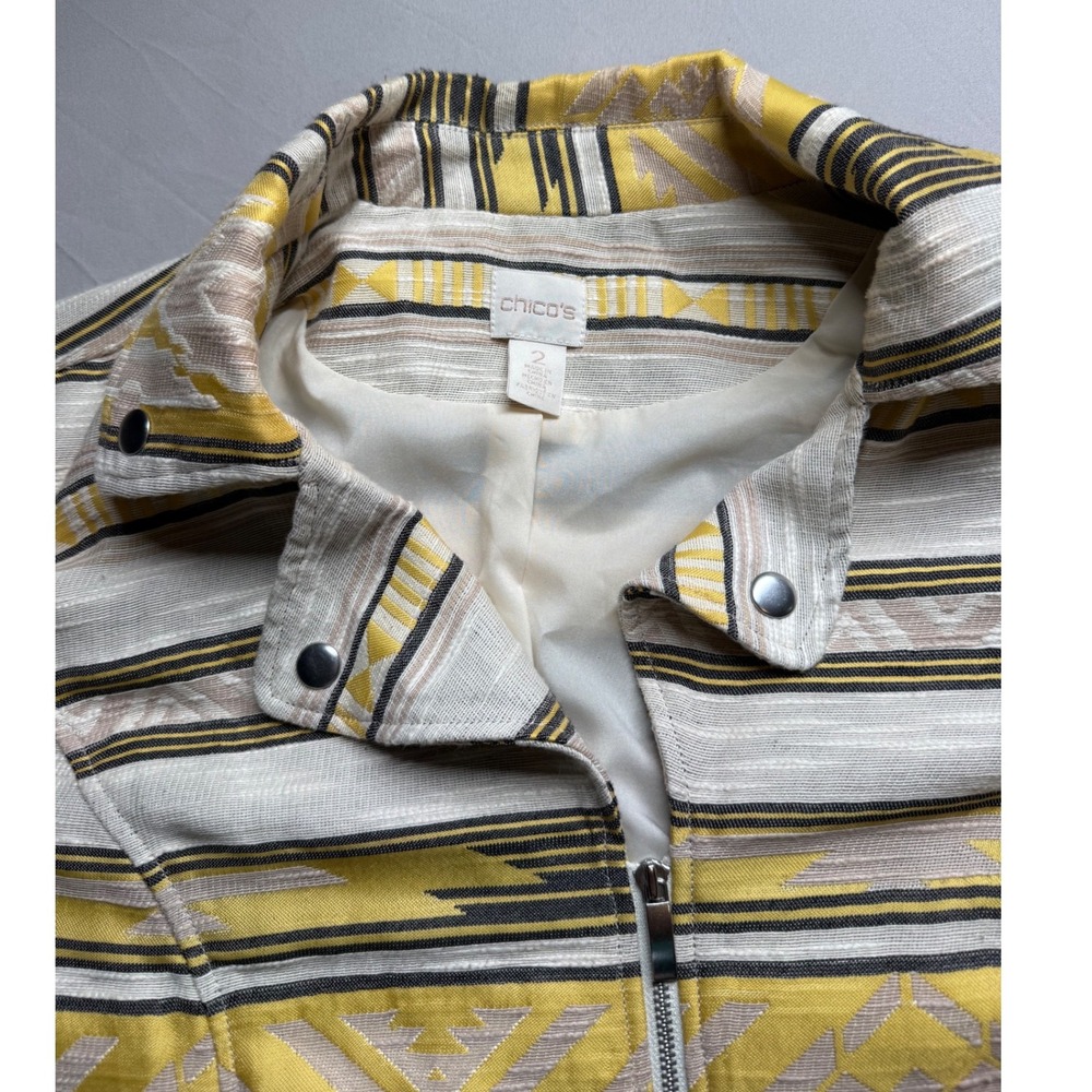 Chico's Aztec Jacquard Zip Jacket Size 2 Yellow Tribal Southwestern Lined Large - Picture 9 of 11